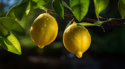 Two ripe lemons on a lemon tree