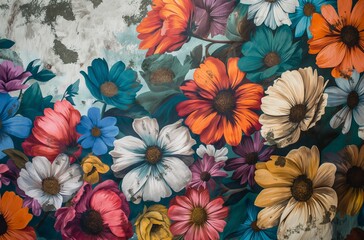Colorful floral mural with daisies