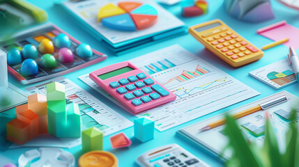 realistic representation of the concept of Value Added Tax (VAT), depicting financial documents and calculators