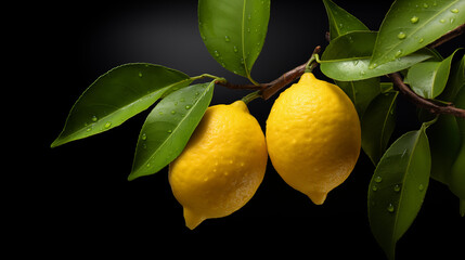 Two ripe lemons on a lemon tree