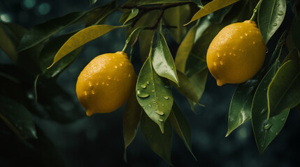 Two ripe lemons on a lemon tree