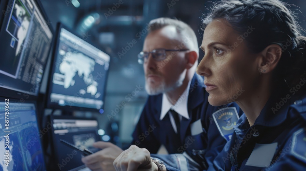 Aufkleber medium shot of two diverse security guards in uniforms looking at monitor and discussing work issues