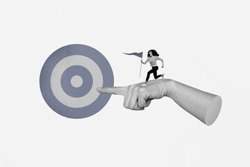 Creative picture running persistent woman achieve goal target finish flag destination pointing hand...
