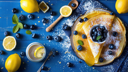 Lemon and blueberry crepes with powdered sugar on blue background