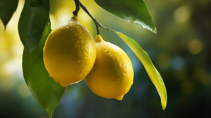 Two ripe lemons on a lemon tree
