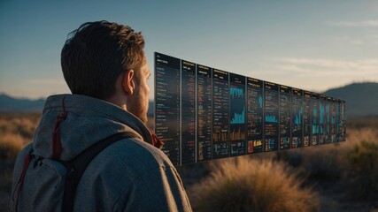 A man examines a digital data display in an outdoor desert setting, merging technology with nature and reflecting on modern information access.
