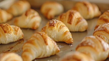 Golden flaky croissants fresh out of the oven are placed on a lined baking sheet. The pastries have a perfect crispy exterior, showcasing their multiple layers and buttery texture, ideal for breakfast
