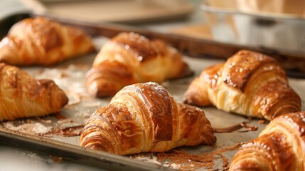 Golden flaky croissants fresh out of the oven are placed on a lined baking sheet. The pastries have a perfect crispy exterior, showcasing their multiple layers and buttery texture, ideal for breakfast