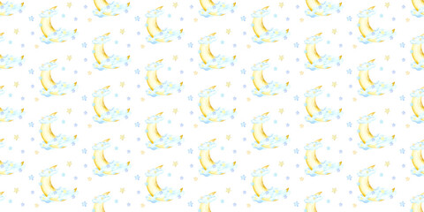 Seamless pattern of night sky, moon, clouds and stars. Good night, sweet dreams, baby sleep. Watercolor drawing. Baby shower, birthday, sleep baby. Gender Party Decoration Background.