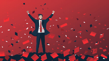 Illustration of a businessman in a suit celebrating success with arms raised amidst falling confetti.