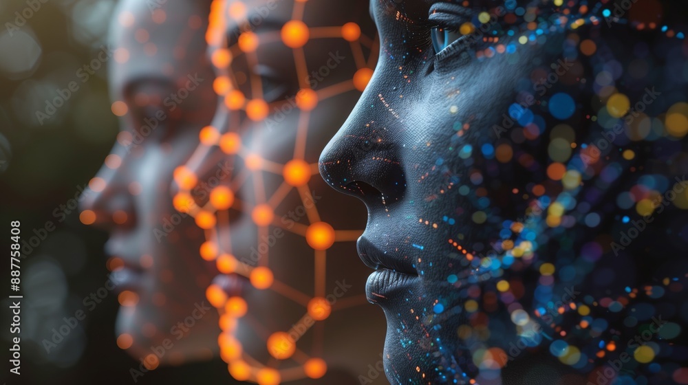 Poster close-up image of faces with a glowing digital network overlay, representing the use of machine lear