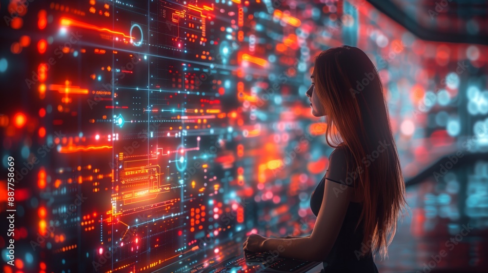 Poster a woman with long red hair stands in front of a digital interface, looking at the vibrant data visua