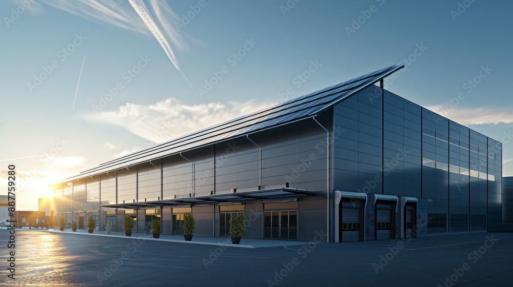 Poster a large building with a lot of windows and a solar panel on the roof