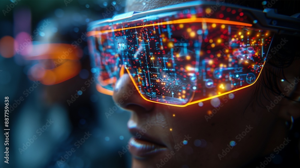 Aufkleber a close-up shot of a person wearing futuristic glasses with a digital display showing data and infor