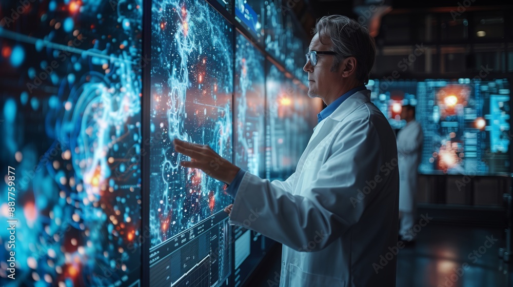 Poster a scientist in a lab coat interacts with a large data visualization, reviewing insights generated by