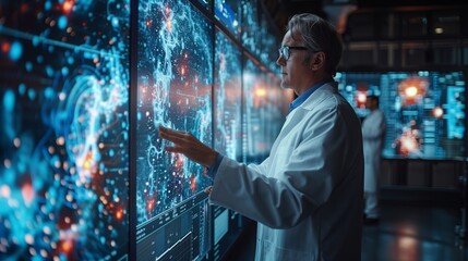 A scientist in a lab coat interacts with a large data visualization, reviewing insights generated by artificial intelligence.