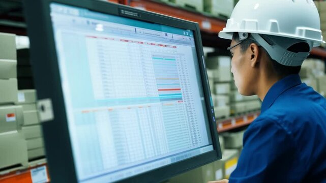 A Warehouse worker viewing a spreadsheet on a computer screen at a factory