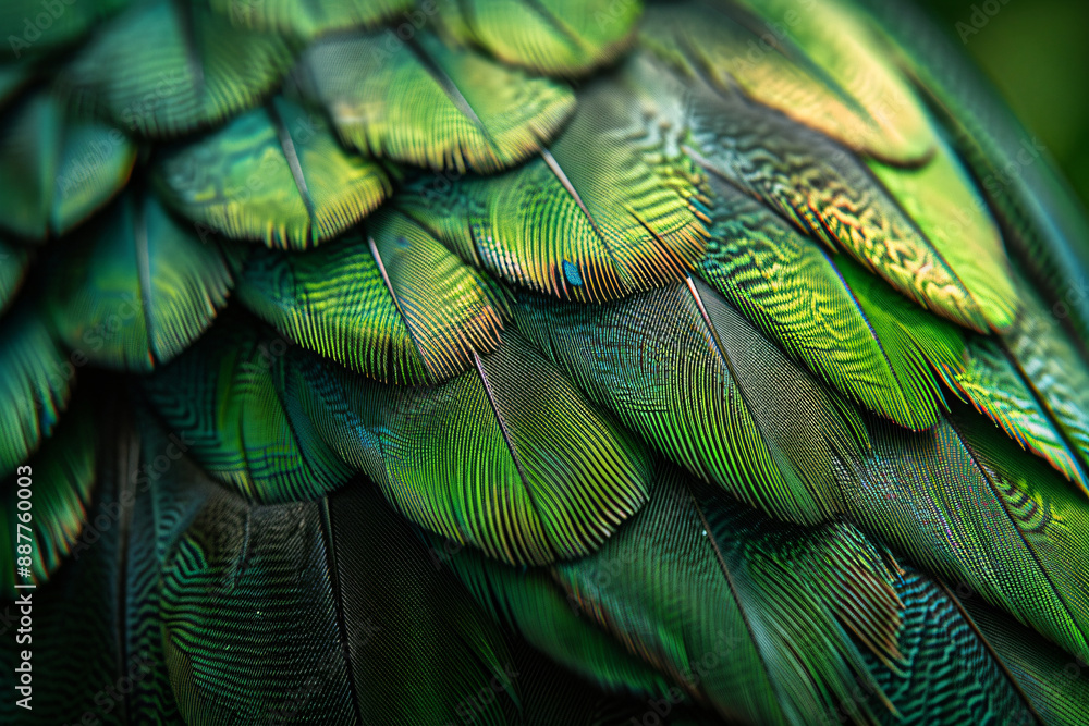 Aufkleber a close up of the texture and pattern on an exotic bird feather, highlighting its green hues and bla