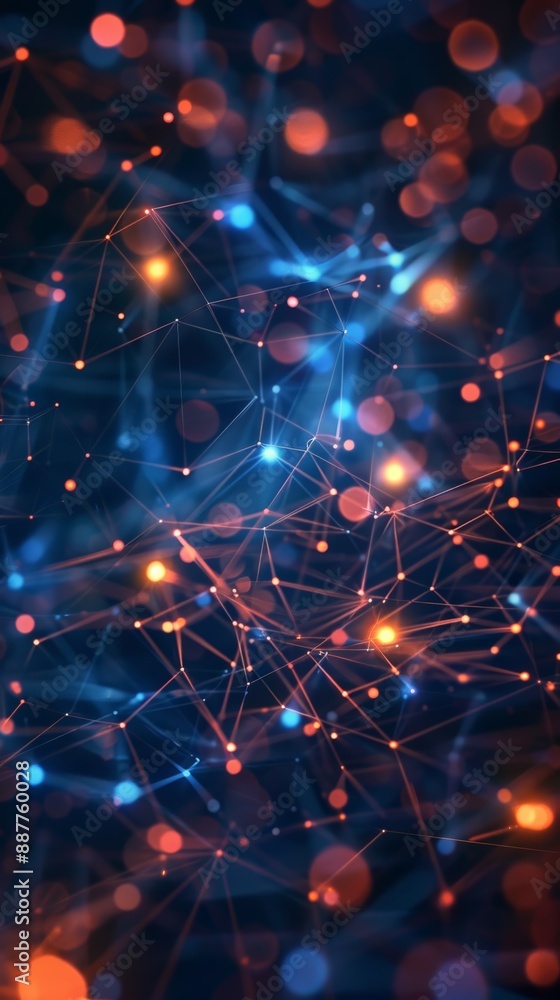 Poster Abstract network of blue and orange glowing connections on a dark background. Digital technology and data visualization.