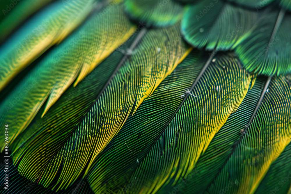 Aufkleber a close up of the texture and pattern on an exotic bird feather, highlighting its green hues and bla