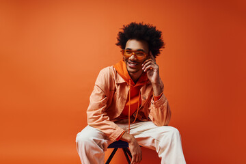 A trendy African American man with curly hair, sunglasses, and stylish attire sits on a chair...
