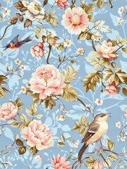 A seamless pattern featuring light blue fabric adorned with floral patterns and birds