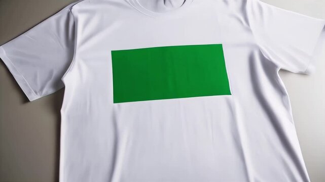 White t-shirt with a green screen patch on the chest, ready for custom design or branding