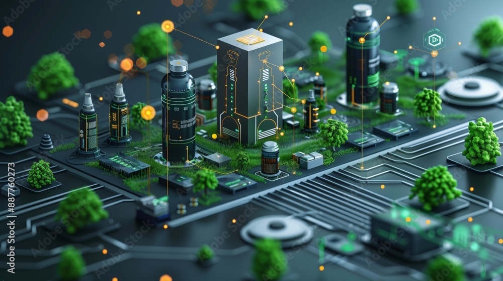 Poster this image depicts an ai architecture diagram, illustrating a green cityscape built on a circuit boa