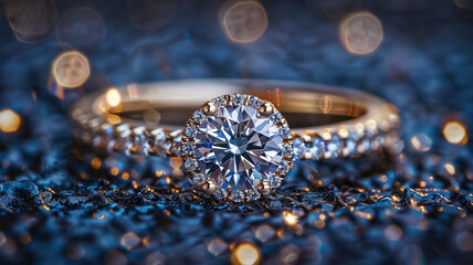 Fototapeta premium Wedding ring with diamond displayed on silk for jewelry photography.
