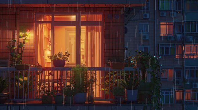 Glowing apartment at night with rain, creating a cozy and serene atmosphere
 Seamless looping 4k time-lapse virtual video animation Generated AI