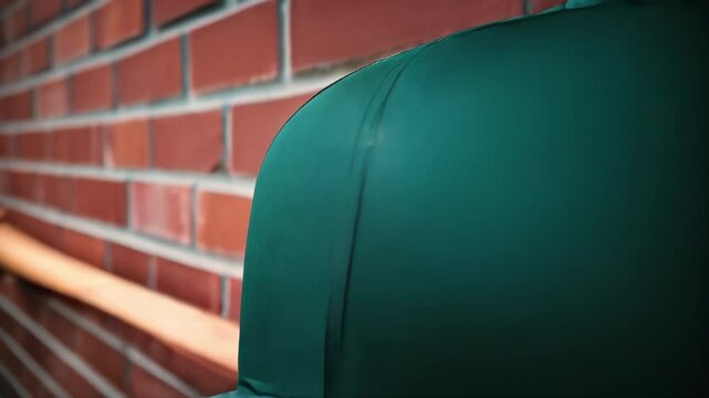 Green baseball cap resting on a wooden bat against a red brick wall