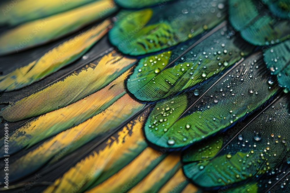 Poster a close up of the texture and pattern on an exotic bird feather, with green feathers on one side and