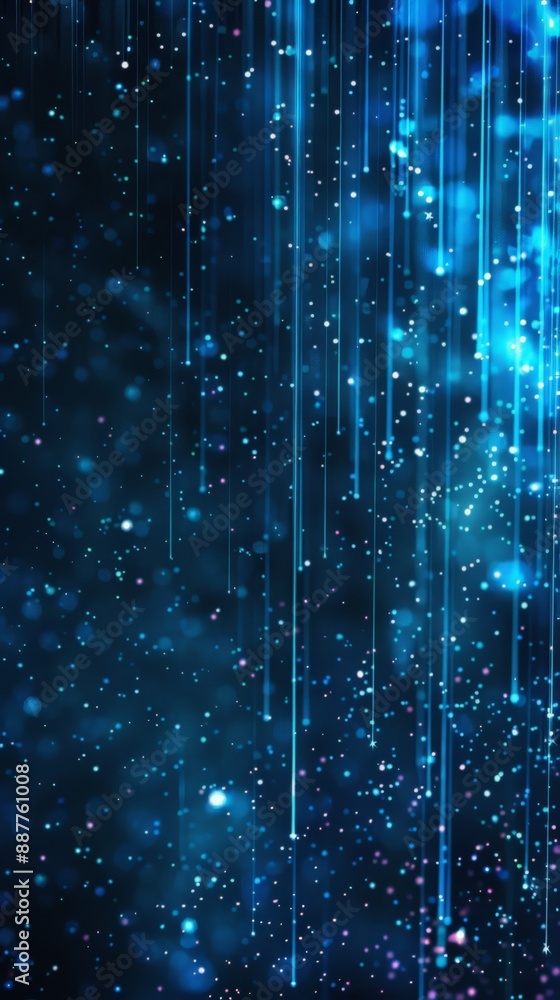 Poster Blue digital rain with particles and bokeh lights in a vertical flow. High-tech and futuristic data visualization concept.