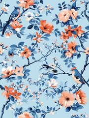 Fototapeta premium A seamless pattern featuring light blue fabric adorned with floral patterns and birds