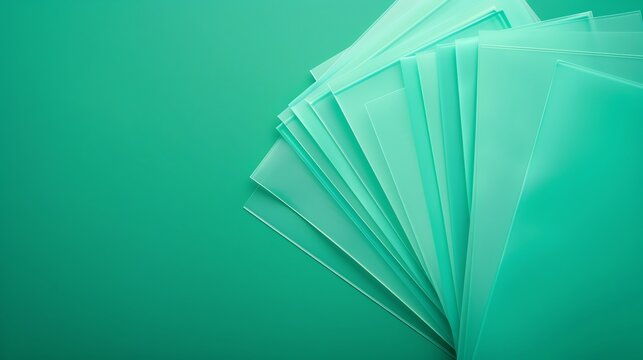 A fan-shaped arrangement of light teal-colored sheets of acrylic or plastic on a teal background.