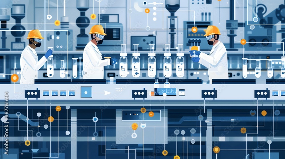 Poster an infographic illustrating the workflow of ai integration in a laboratory setting, featuring scient