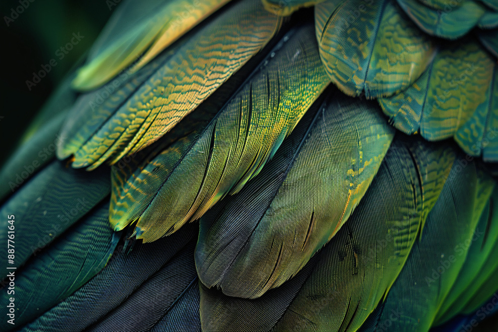 Poster a close up of the texture and pattern on an exotic bird feather, highlighting its green hues and bla