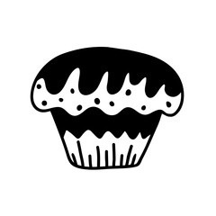 A cute hand-drawn muffin, a black and white  cupcake icon, a pastry doodle, a cake sketch 