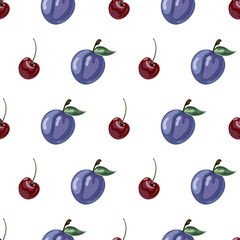 A colorful fruit pattern with plums and cherries on a white 