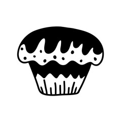 A cute hand-drawn muffin, a black and white  cupcake icon, a pastry doodle, a cake sketch 