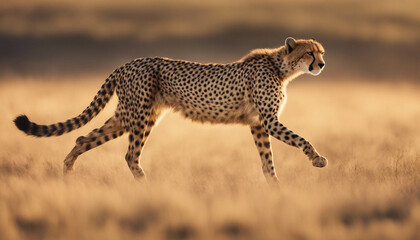 A cheetah sprinting across the open plain, late afternoon light
