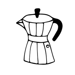 A hand-drawn Italian espresso machine, a moka pot icon, a coffee pot doodle in black and white, a funky coffee clipart