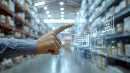 Warehouse engineer office person hand pointing at schematic digital overlay of modern big warehouse vizualization on his desk
