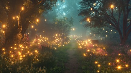 Fototapeta premium Magic fairy tale night forest fantasy fairy tale scenery with glowing lights