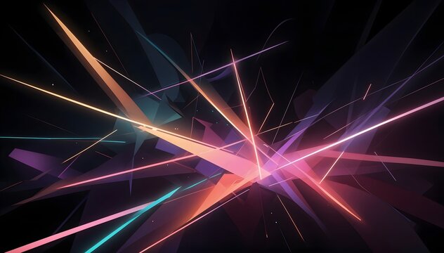 Colorful abstract geometric shapes with intersecting lines and rays of light against a dark background