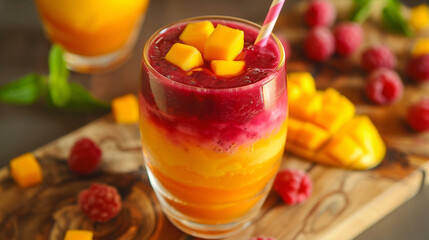 a probiotic smoothie, featuring vibrant layers of mango and berry puree, served in a clear glass with a striped straw, on a wooden board with scattered fresh fruit