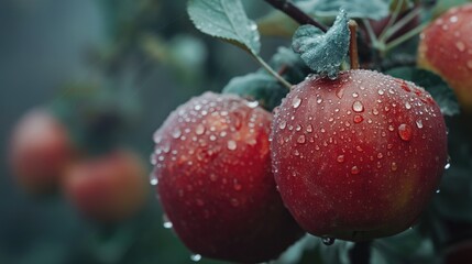 Eco fresh juicy close up apples in apple garden early on cold morning with dew drops on them