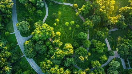 Aerial View of a Lush Green Park with Winding Paths