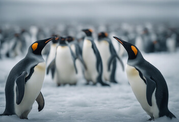 Fototapeta premium A colony of penguins huddling on the ice, overcast day 