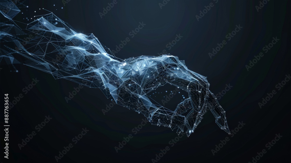 Poster Futuristic robotic hand with digital elements reaching out in a smoke-filled, high-tech environment. Ideal for illustrating AI, robotics, and advanced technology.